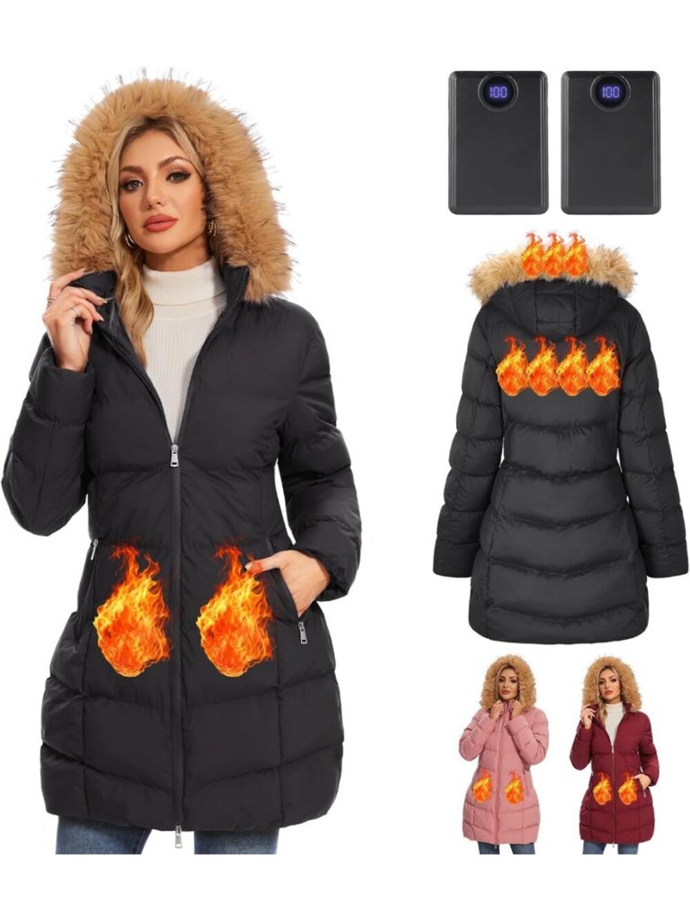 Cozy Women's Heated Jacket with Faux Fur Hood & 2pcs 12000mAh Batteries